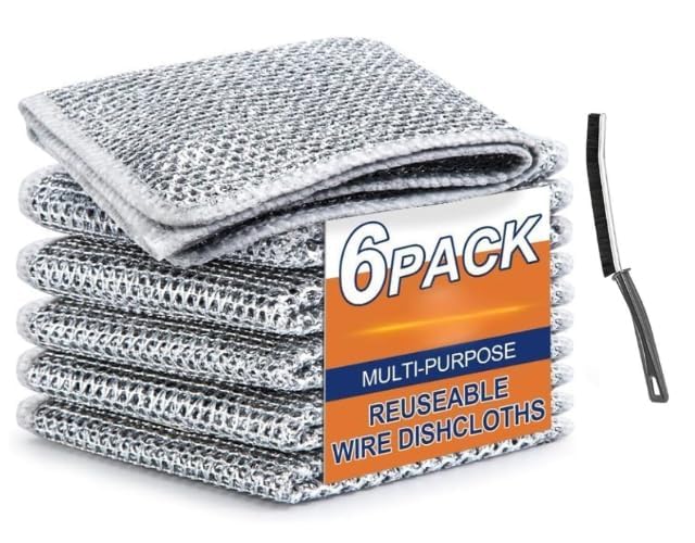 TEKCOOL 6 Pack Non-Scratch Wire Dishcloth & Gaps Cleaning Brush, Multipurpose Wire Dishwashing Rags for Wet and Dry, Easy Rinsing, Reusable, Wire Cleaning Cloth for Kitchen, Sinks (6 Cloth+1 Brush)