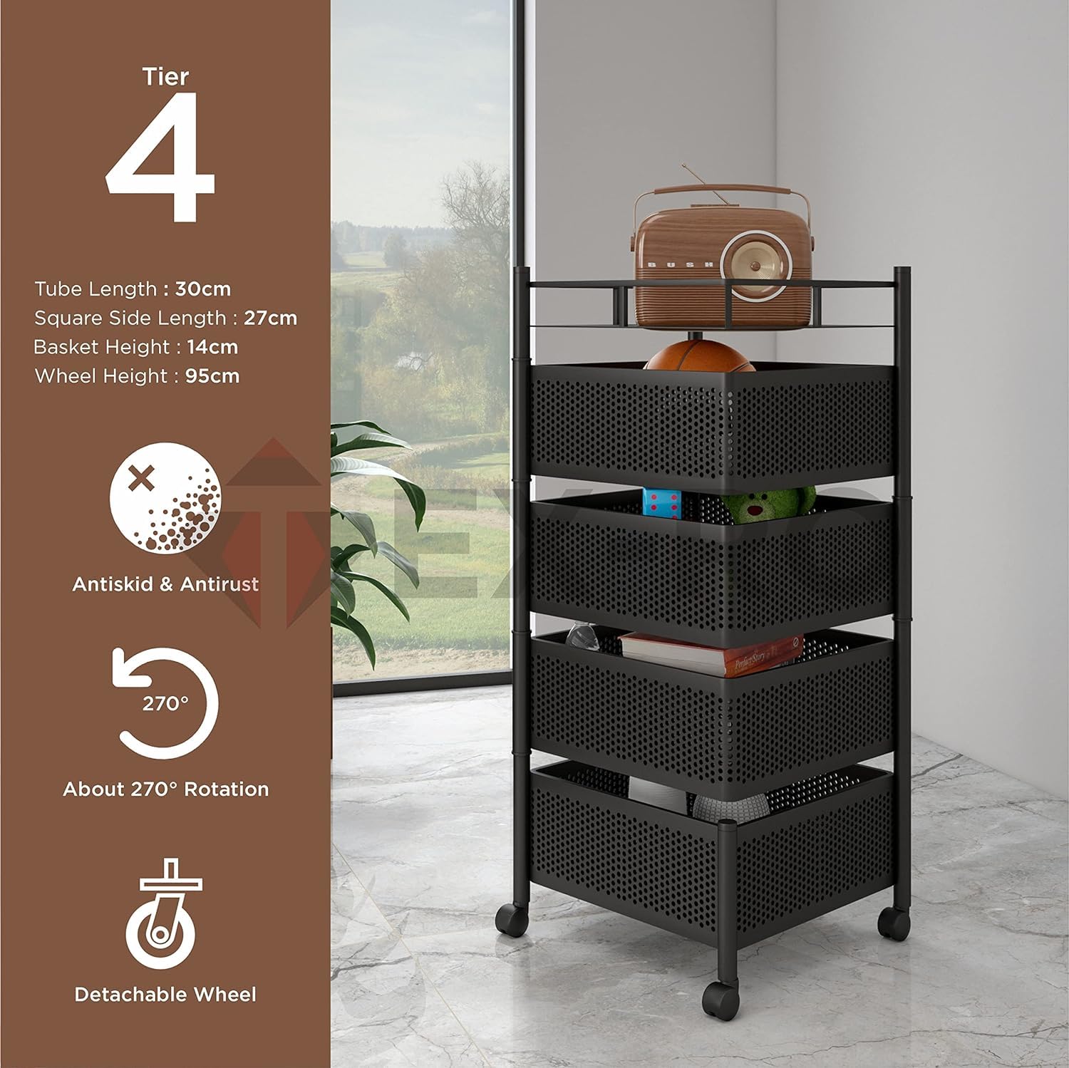 Square Kitchen Trolley with Wheels (4 Layers)