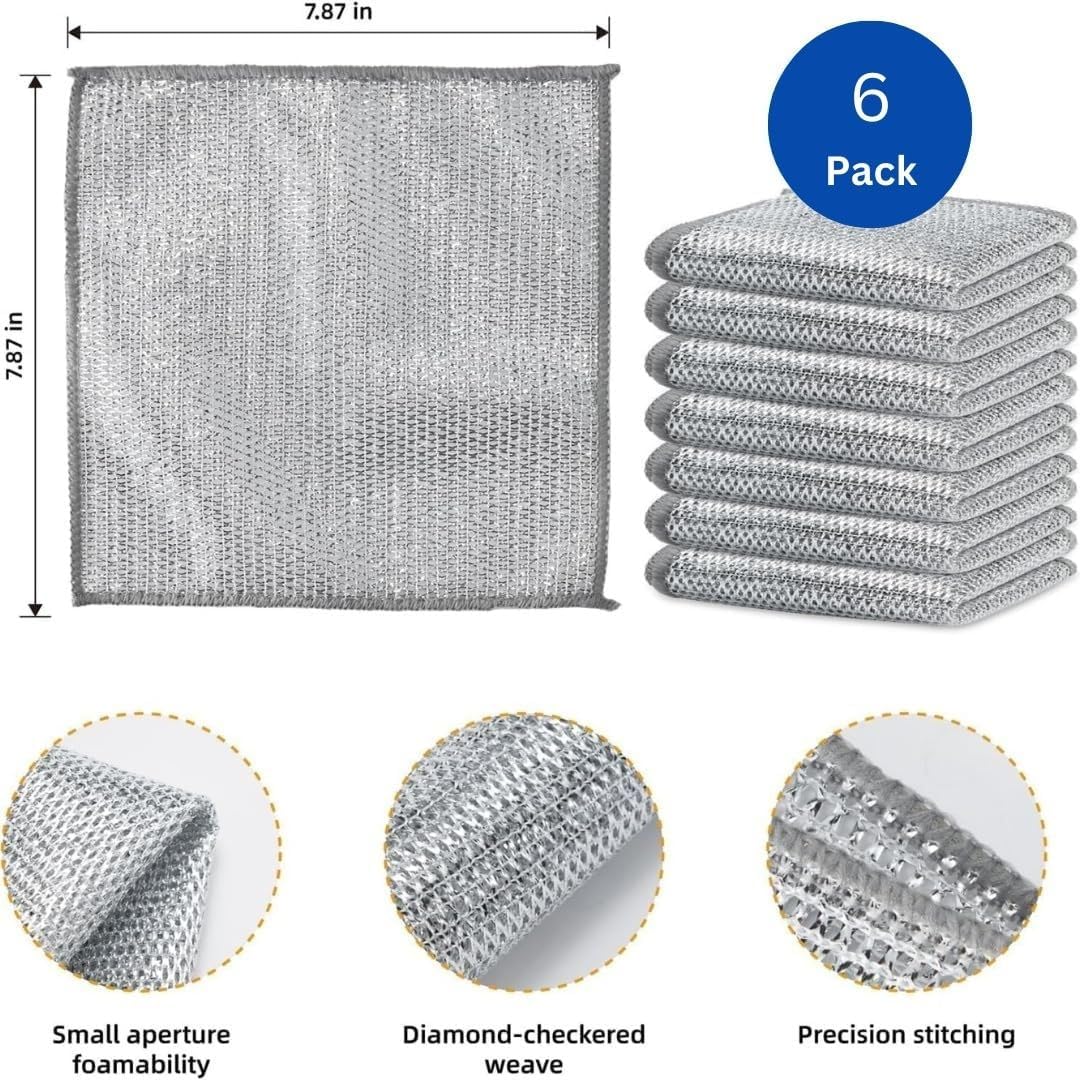 TEKCOOL 6 Pack Non-Scratch Wire Dishcloth & Gaps Cleaning Brush, Multipurpose Wire Dishwashing Rags for Wet and Dry, Easy Rinsing, Reusable, Wire Cleaning Cloth for Kitchen, Sinks (6 Cloth+1 Brush)