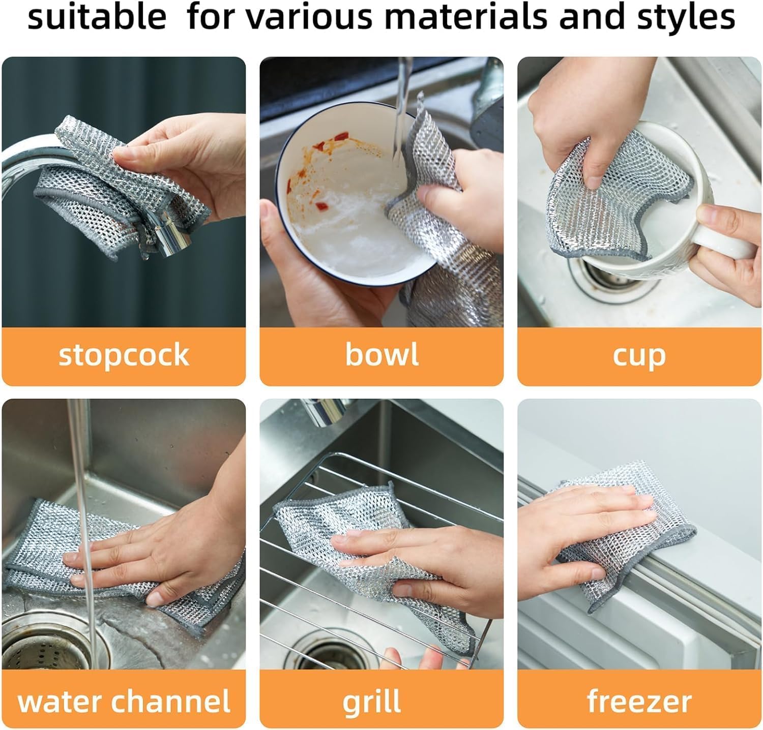 TEKCOOL 6 Pack Non-Scratch Wire Dishcloth & Gaps Cleaning Brush, Multipurpose Wire Dishwashing Rags for Wet and Dry, Easy Rinsing, Reusable, Wire Cleaning Cloth for Kitchen, Sinks (6 Cloth+1 Brush)
