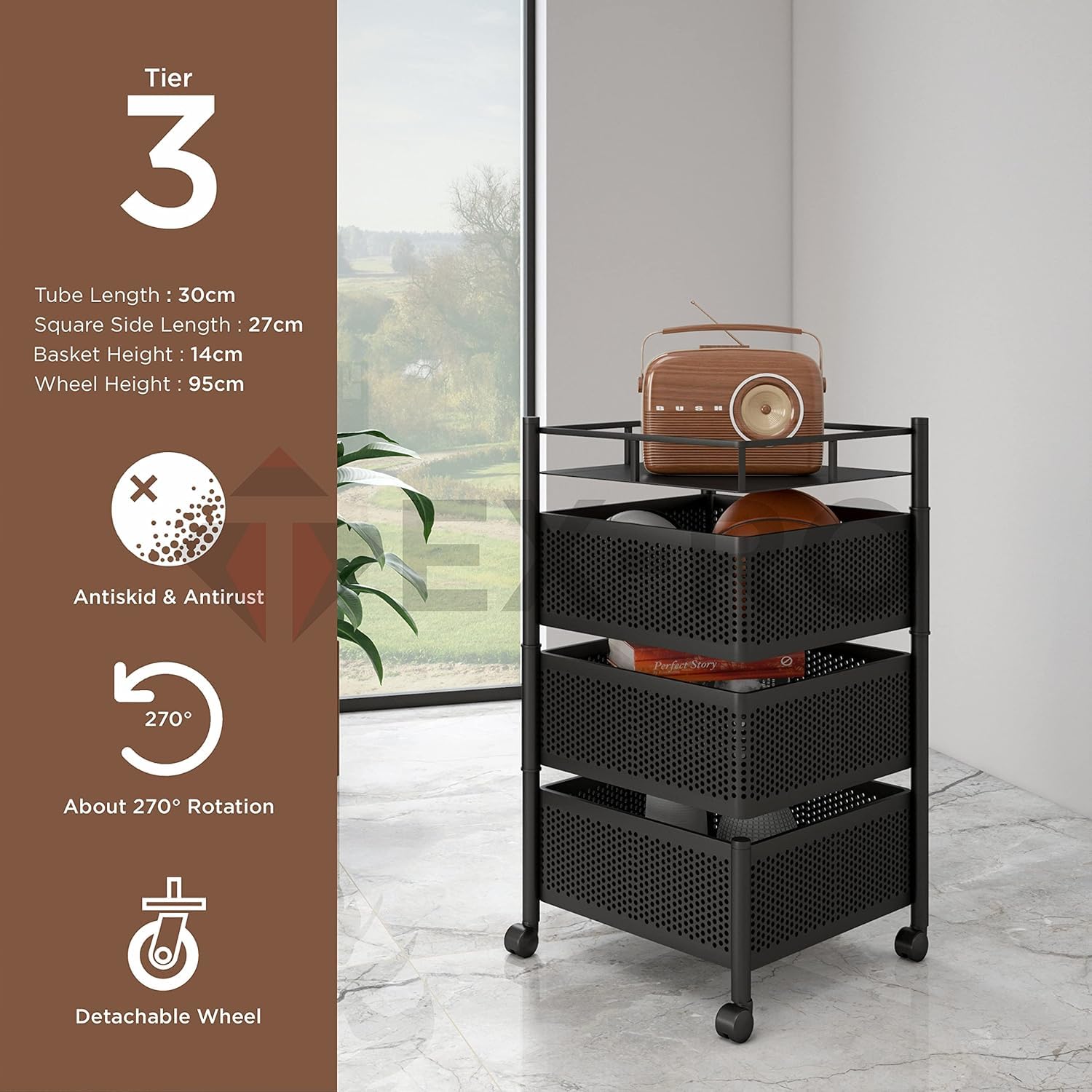 Square Kitchen Trolley with Wheels (3 Layers)